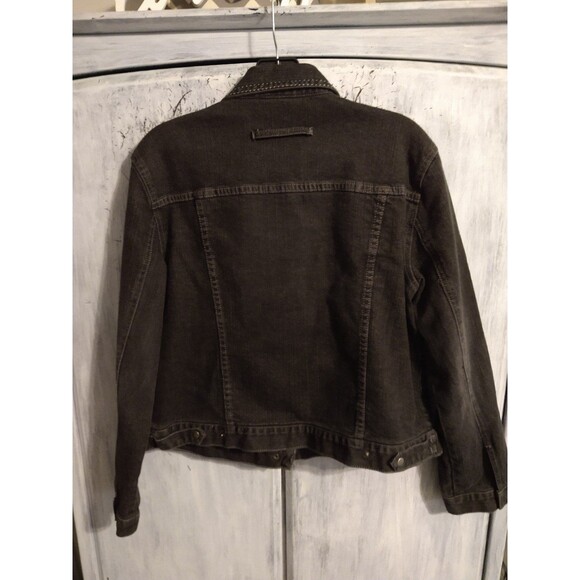 Chico's denim rhinestone flowered Jacket Sz 1 Black classic Boho Feminine - Picture 3 of 7